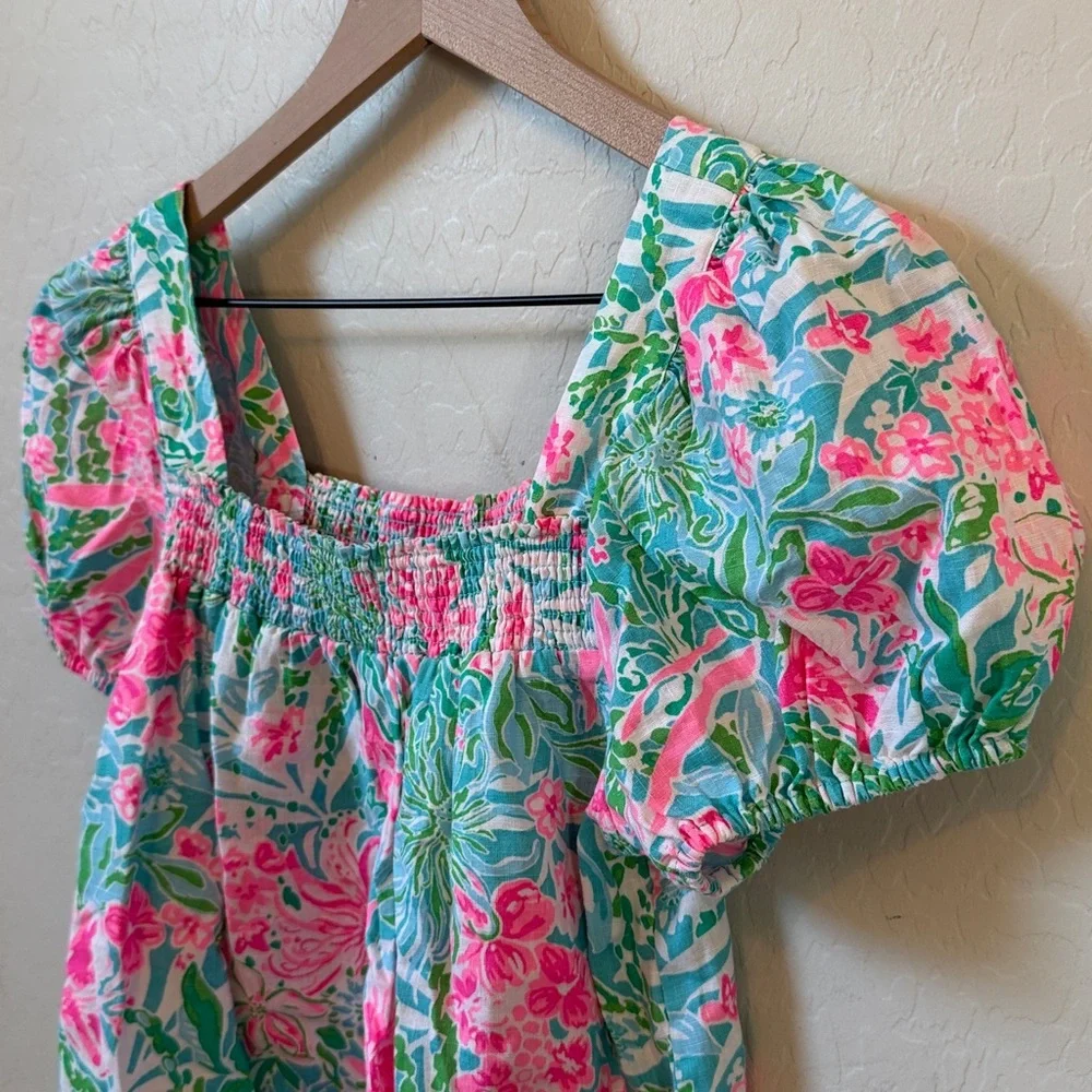 Lily Pulitzer 100% Linen Keating Puff Sleeve Floral Blouse in Amalfi Blue Size 4